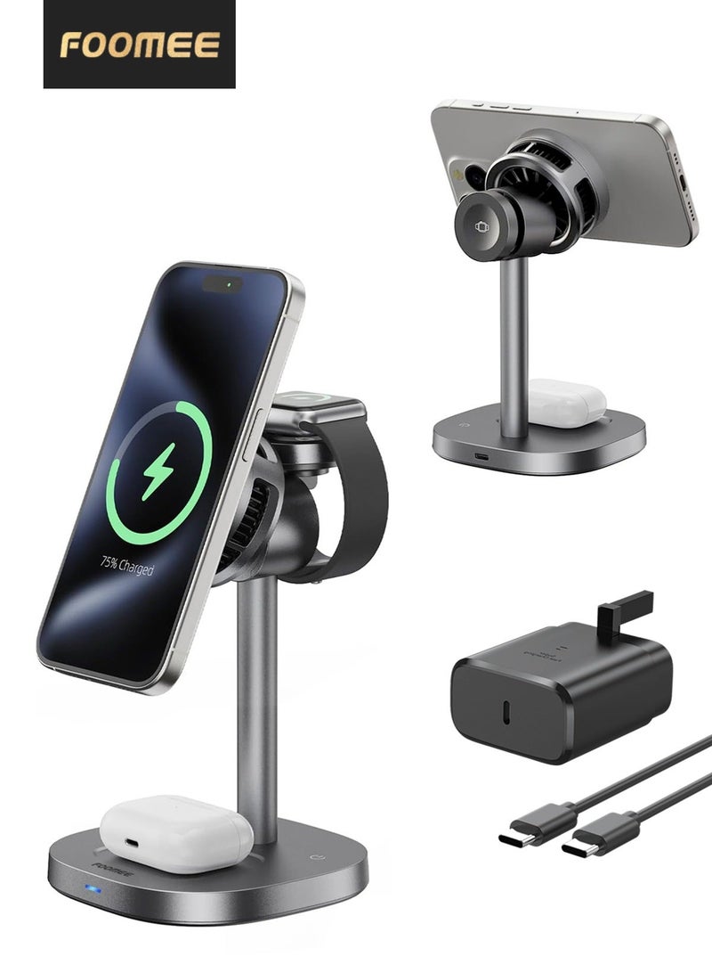FOOMEE Wireless Charger for iphone 3-in-1 Charging Station Qi2 15W Charging for iPhone Magnetic Wireless Stand for iPhone 17Promax/Pro16/15/14/13 AirPods Apple Watch Includes USB C Charger and Cable - Image 1